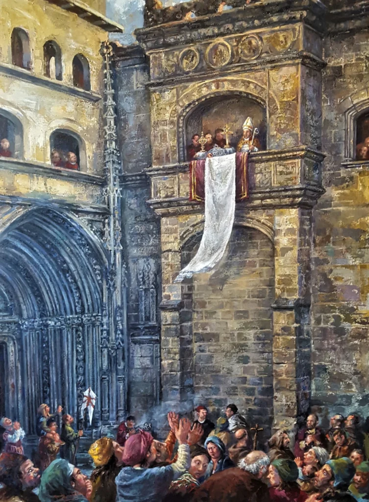 Veneração da Sagrada Toalha de mesa de Coria a partir da varanda das Relíquias, a cada 3 de maio (óleo do políptico doado por Raquel Clemente Rubio)